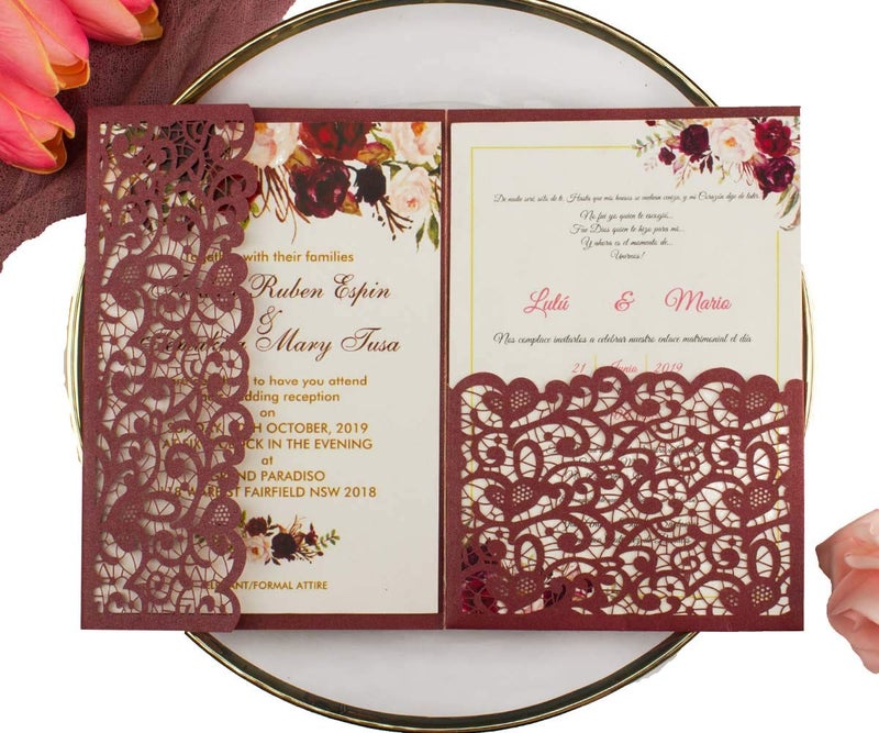Lucky Star 25 sets Burgundy Vintage Tri Fold Wedding Invitations Cards Laser Cut Hollow Pocket Fold Greeting Invites With Envelopes 5x7 - Image 1
